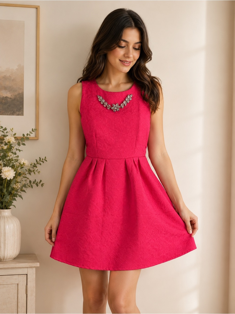 Women’s Bright Pink Fit & Flare Jeweled Dress – Size Small